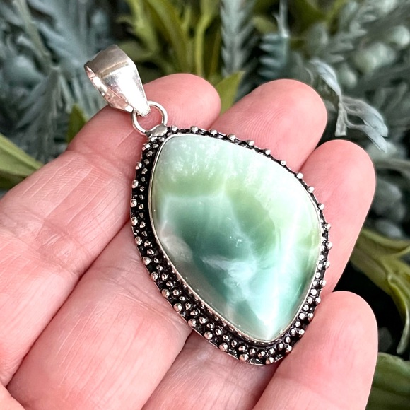 Natural Hemimorphite Larimar Gemstone Sterling Silver Pendant - Picture 6 of 9